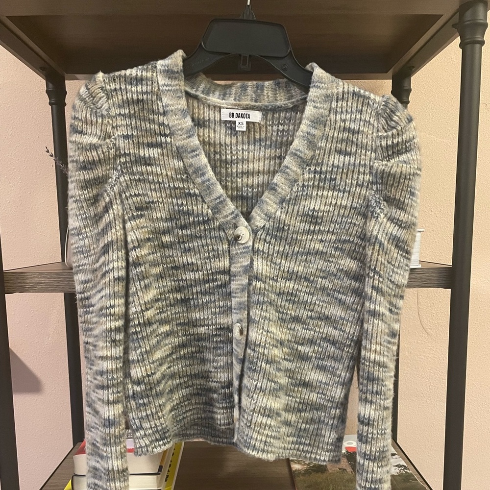 BB Dakota Gray-Blue multi Button-Up Cardigan with Puffed Shoulders.
